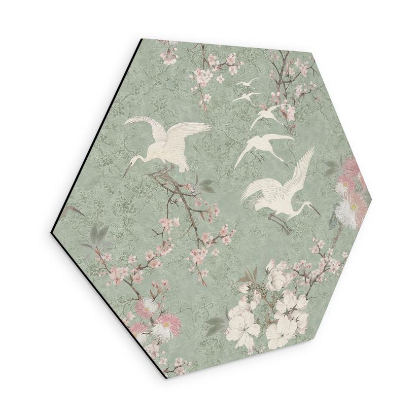 Sekskantet Billede af kraner i en kirsebærblomst Rush Green - Bloomery Decor - Aluminium Dibond