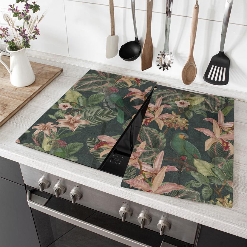 Kogeplade jungle med papegøjer natgrøn - Bloomery Decor