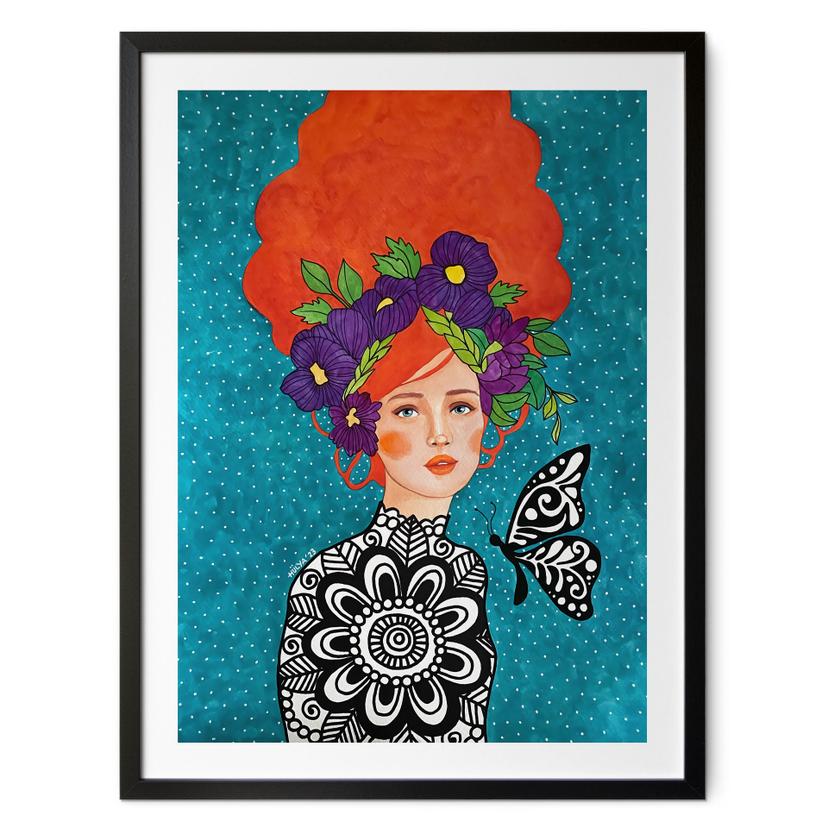 Póster Retrato de mujer - Mujer mariposa con corona de flores - Hülya