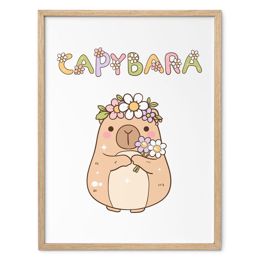 Poster Capybara mignon avec couronne de fleurs