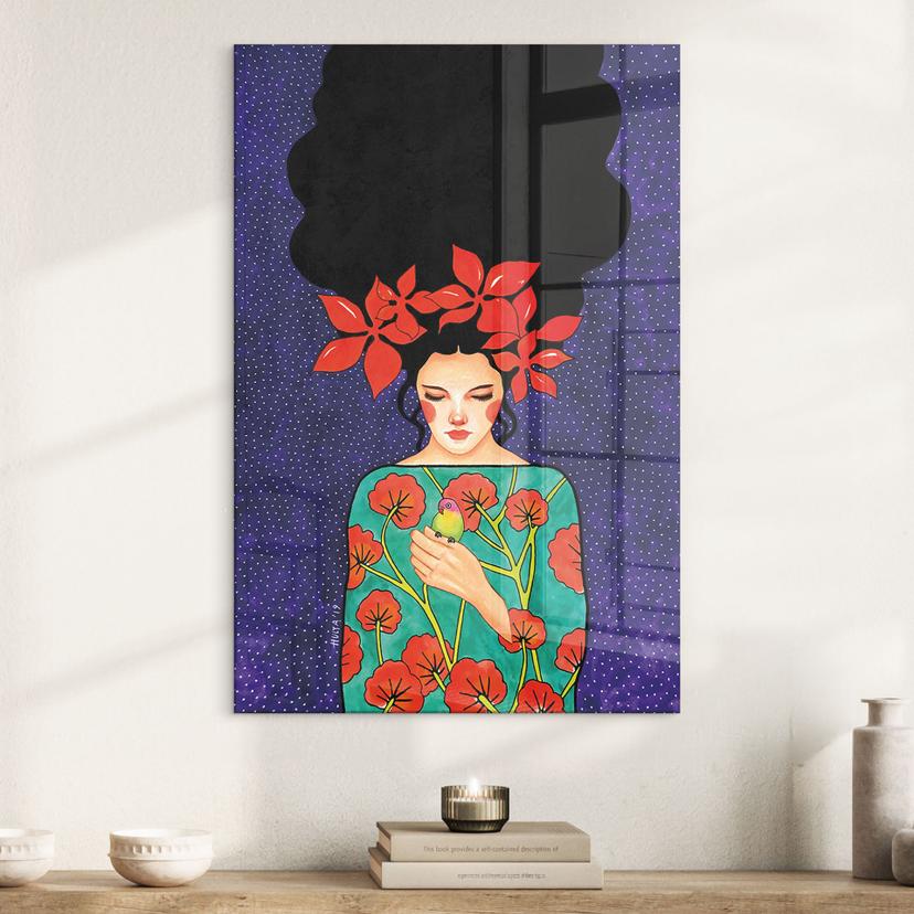 Acrylglas afbeelding Vrouw met rode bloemkroon en vogel - Hülya