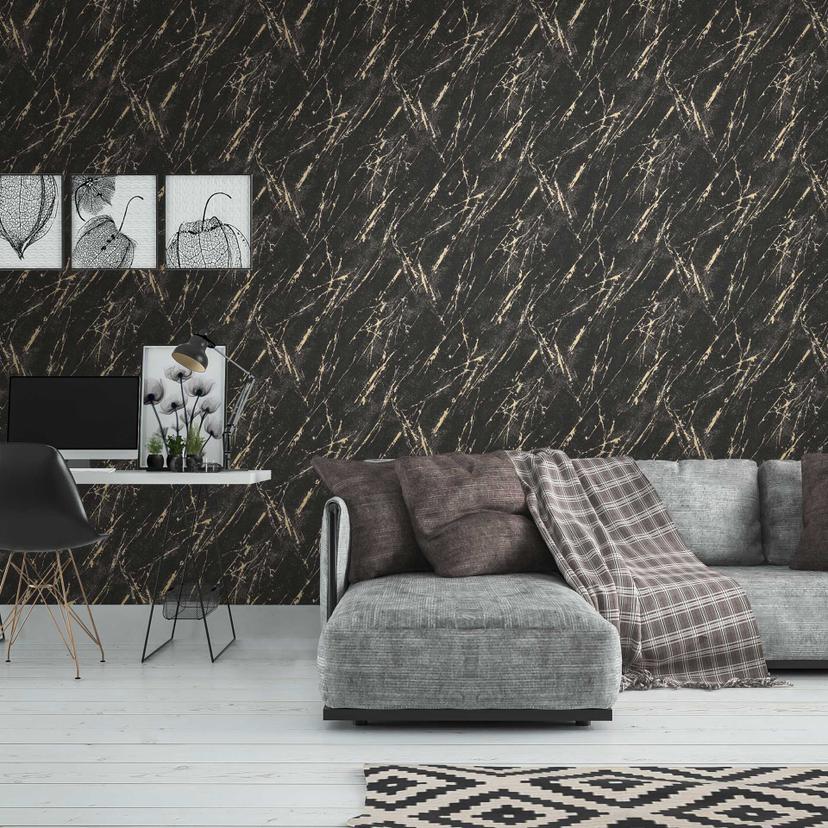 Marmor metallic tapet sort guld - tapet til soveværelset