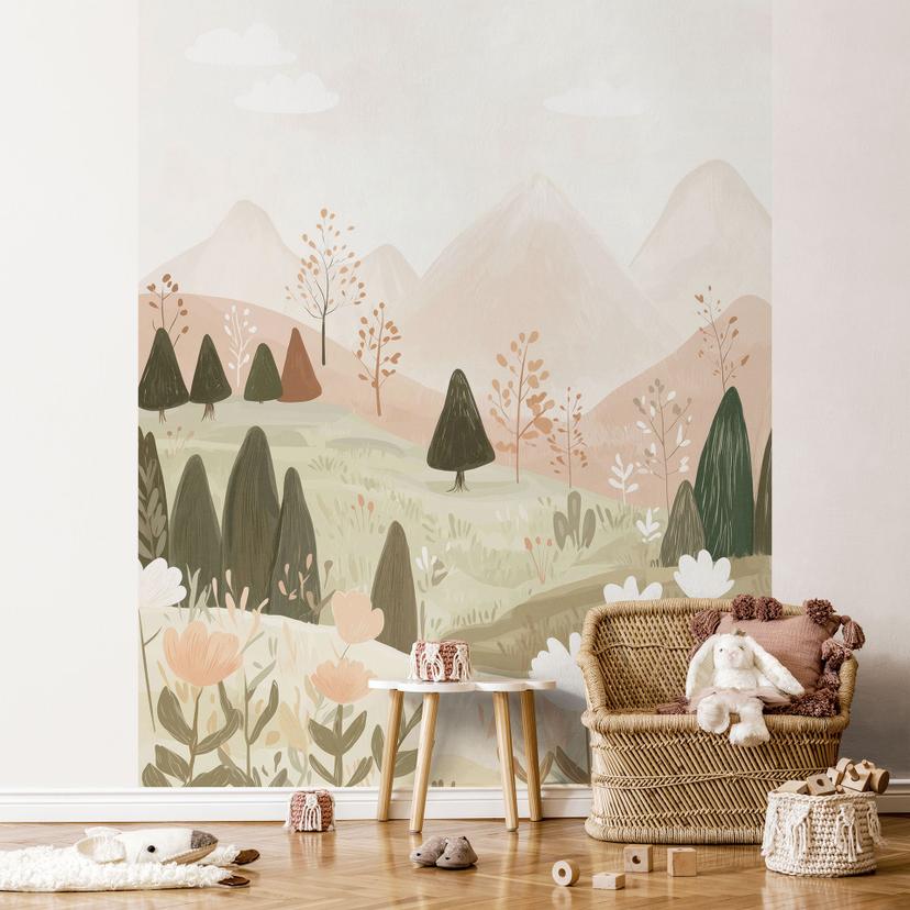 Fototapet til børneværelset i pastelfarvet bjerglandskab med blomster - Treechild