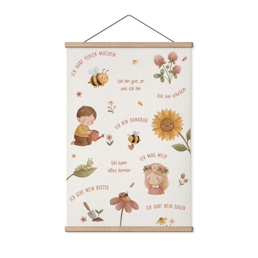 Stoffbild mit Affirmationen Blumen - Kraftsätze für Kinder
