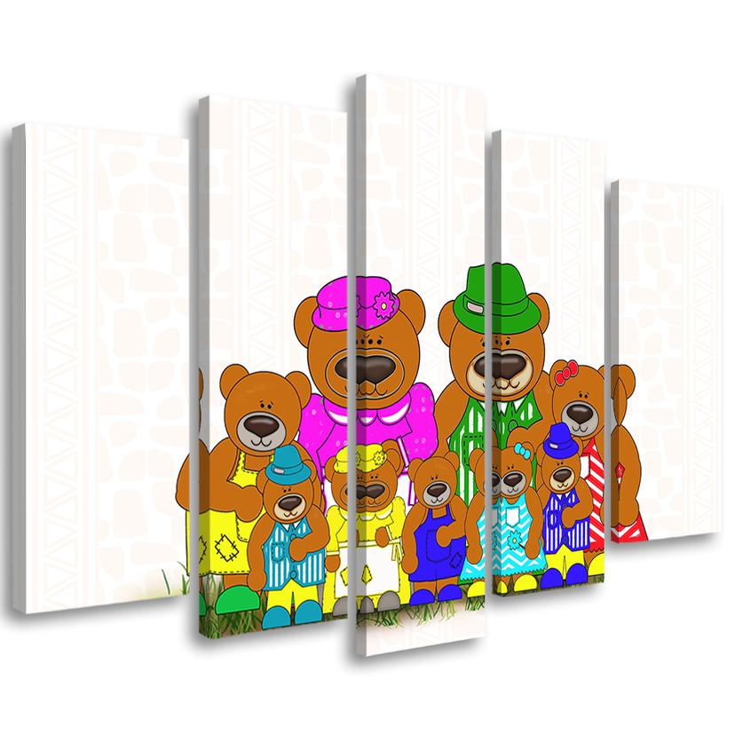 Tableau sur Toile en 5 parties Dessin animé ours en peluche coloré