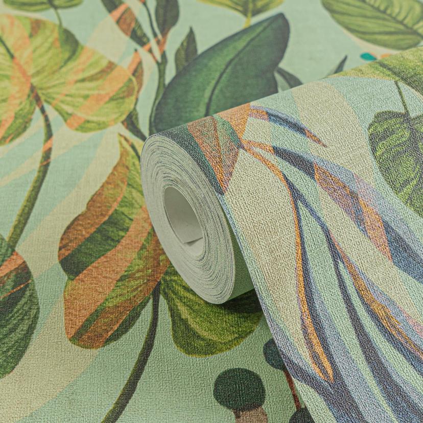 Papel pintado Botánico verde claro colorido - Papel pintado de muestra con hojas - Papel no tejido