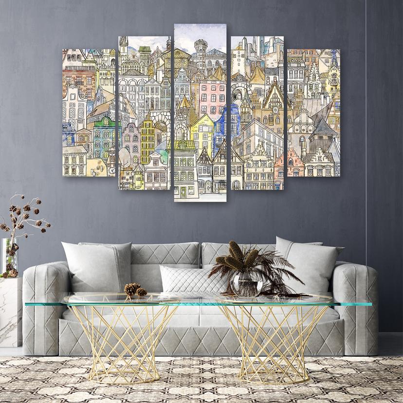 Stampa su tela 5 pezzi, Città felice