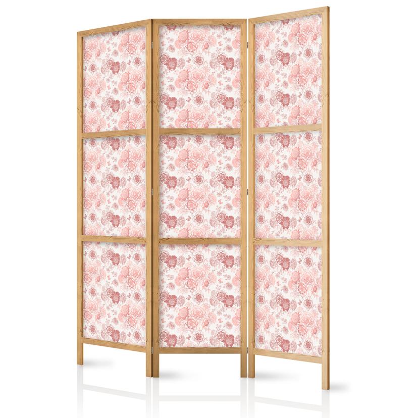 Japanischer Paravent, Raumteiler freistehend, Trennwand - Pink Blossoming on White Background