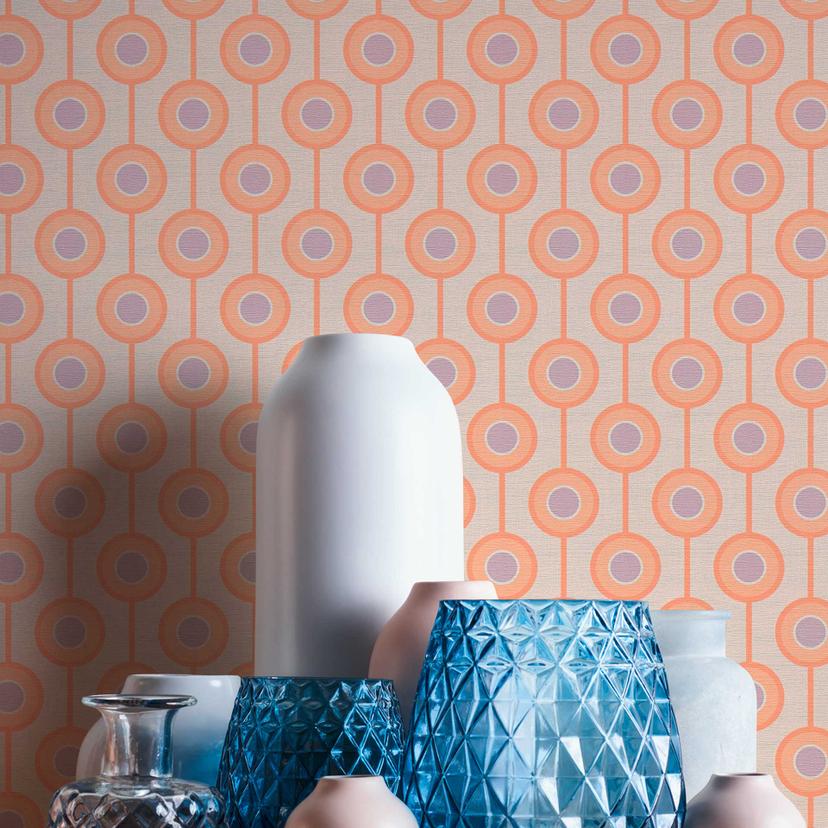 Retro look tapet med prikker beige orange - Ikke-vævet tapet med grafisk mønster - struktureret tapet med afskalning og klæbning
