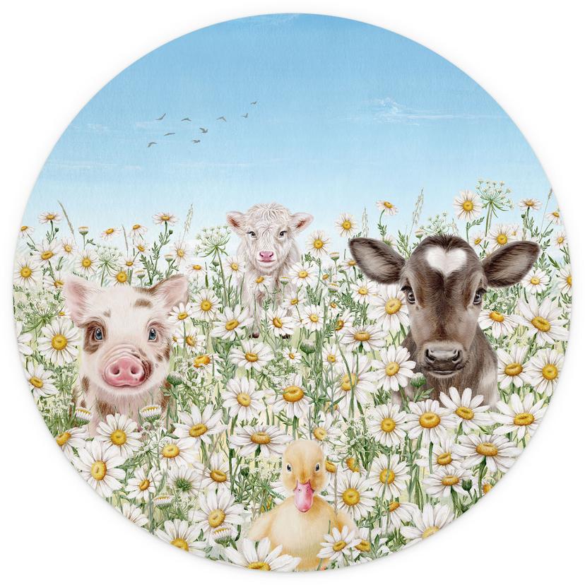 Behangcirkel Boerderijdieren in de bloemenweide - Kikki Belle - vliesbehang/zelfklevend vliesbehang