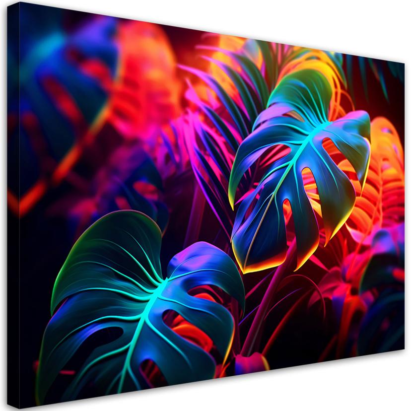Tableau sur toile, feuilles de monstera en couleurs néon