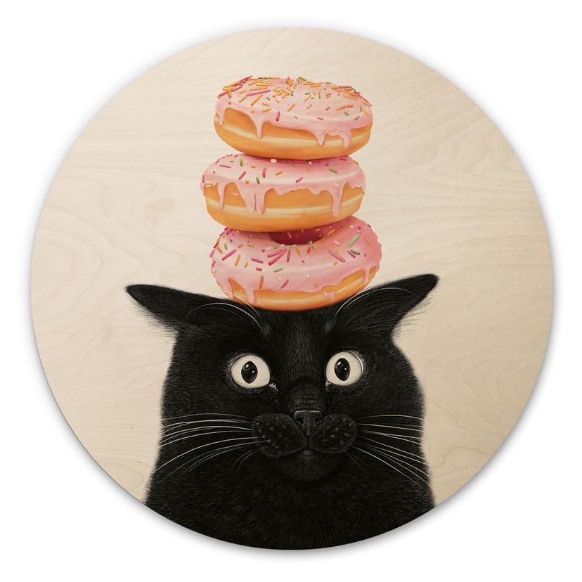 Holzbild Schwarze Katze mit pinken Donuts - Korenkova - Rund