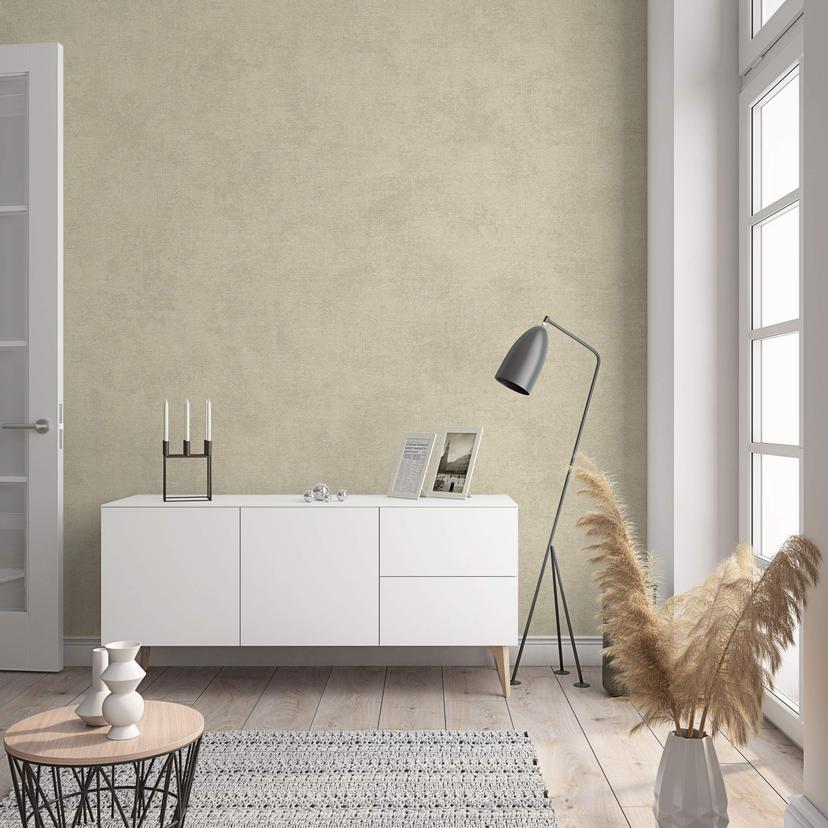Non-woven tapet med moderne monokromt look og tekstur i beige ensfarvet
