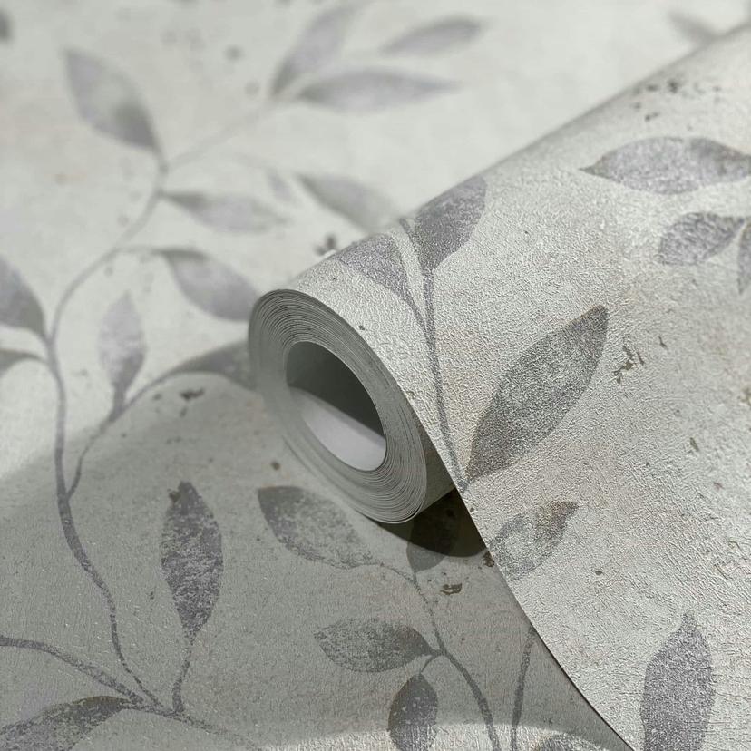 Non-woven tapet med bladmønster og metallic-effekt beige blomster