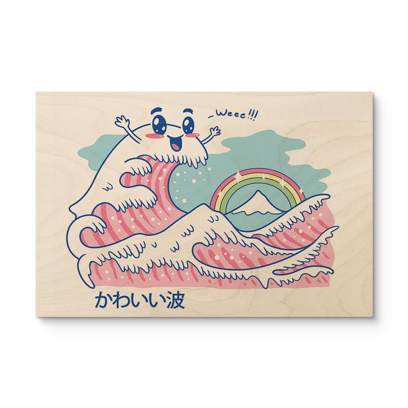 Cuadro de madera Ola kawaii con arco iris y Monte Fuji - Trinidad