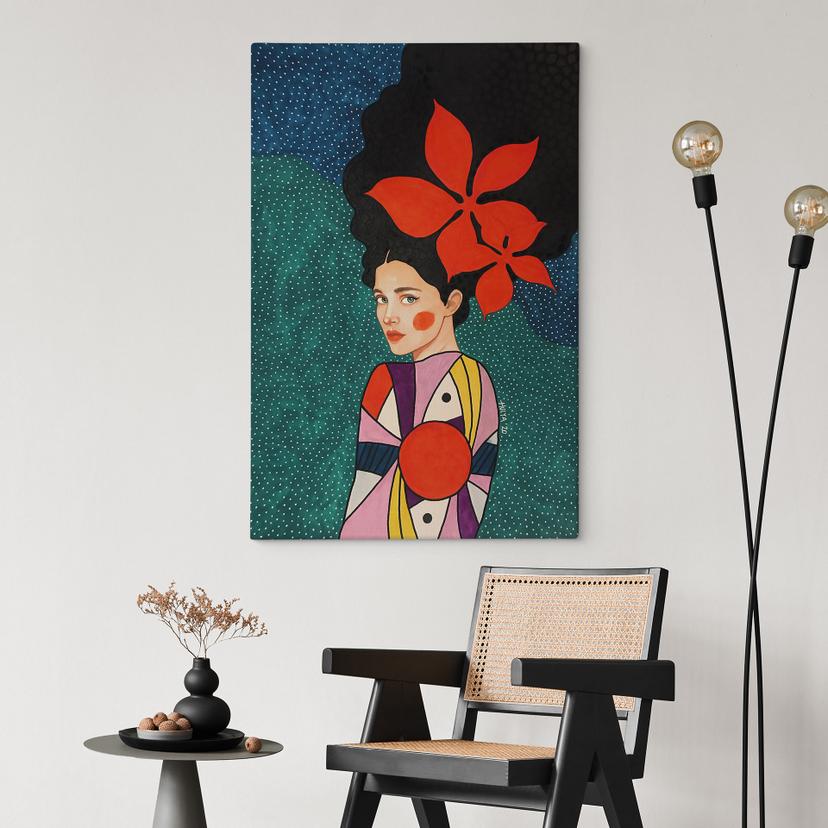 Stampe su tela donna con fiori rossi e abito fantasia - Hülya