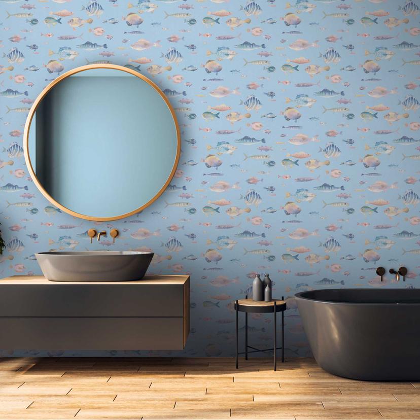 Papier peint marin poissons bleu clair - papier peint intissé avec motif sous-marin - papier peint enfants