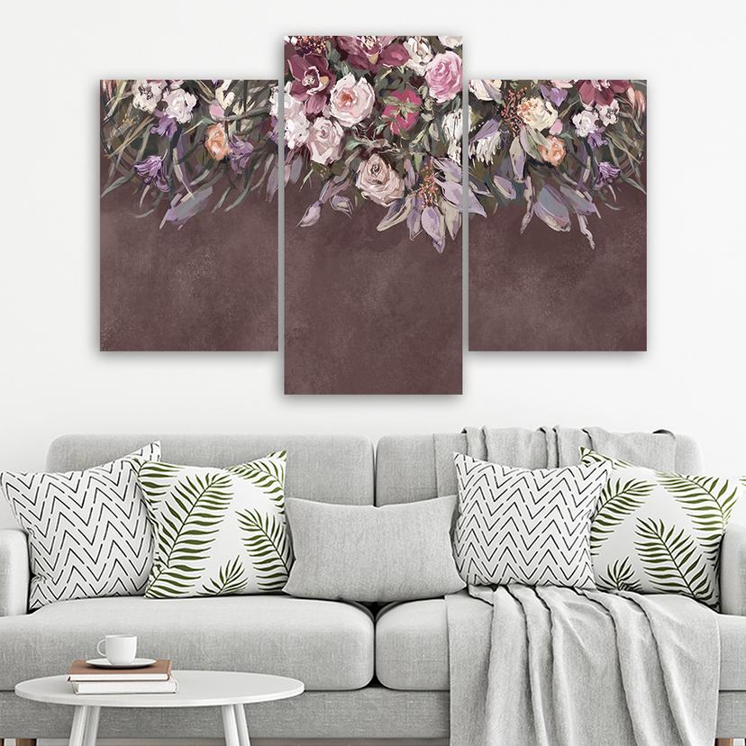 Stampa su tela 3 pezzi, fiori ricoperti di vegetazione