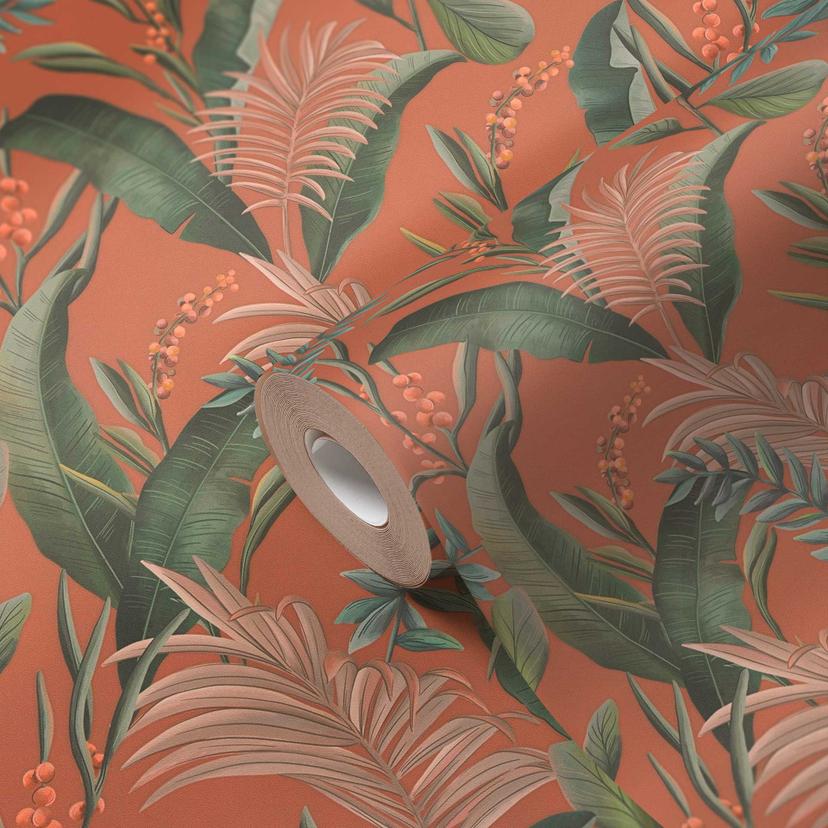 Papel pintado estampado con hojas y hierbas naranja verde - papel pintado tejido-no tejido jungla