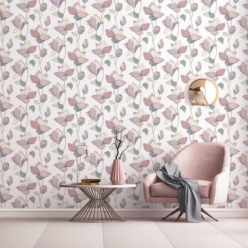 tapet, non-woven blomstertapet Flora hvid, beige