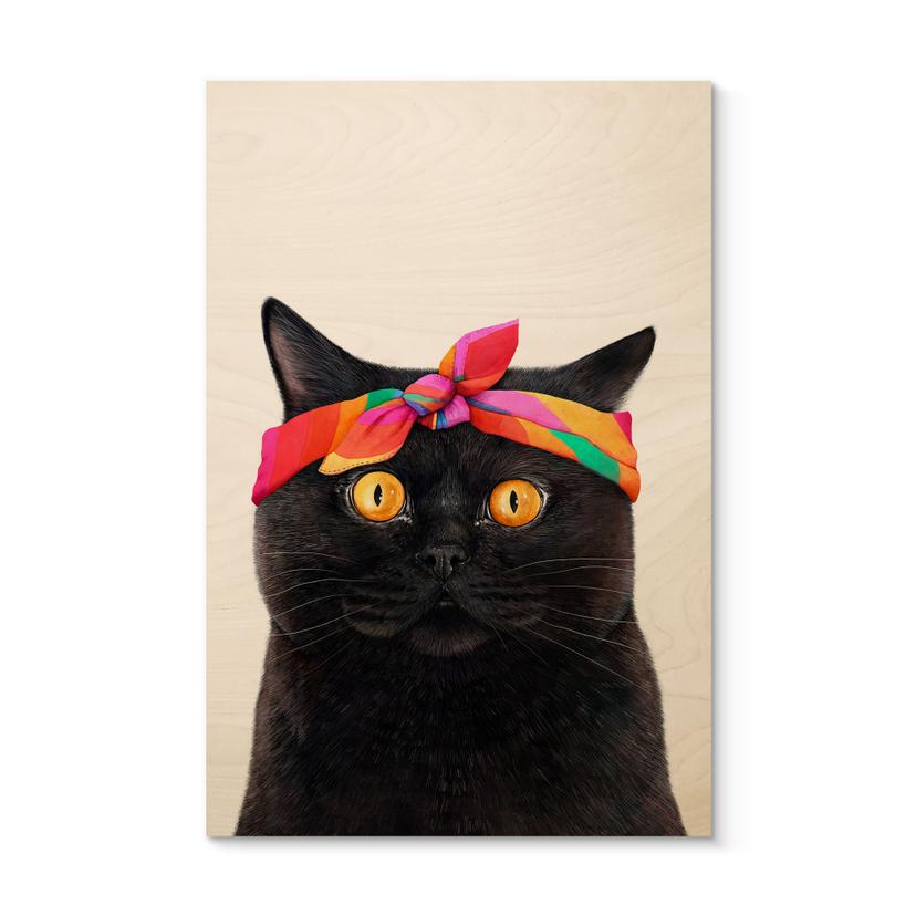Holzbild Schwarze Katze mit Bandana - Korenkova
