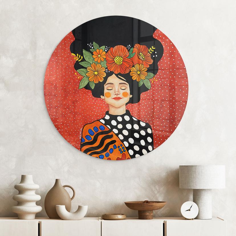 Stampa su vetro Donna sorridente con fiori d'arancio - Hülya - Rotondo