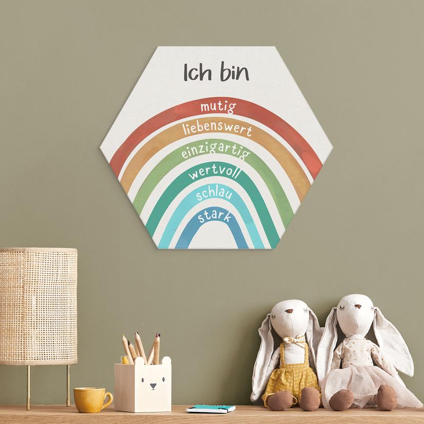 Alu-Dibond Hexagon mit Regenbogen - Kraftsätze für Kinder