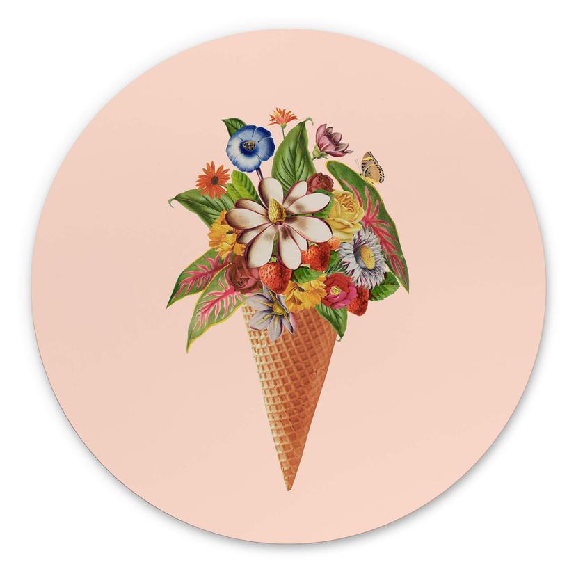 Tableau sur alu-Dibond rond Frida Floral Studio - Cornet de glace fleuri