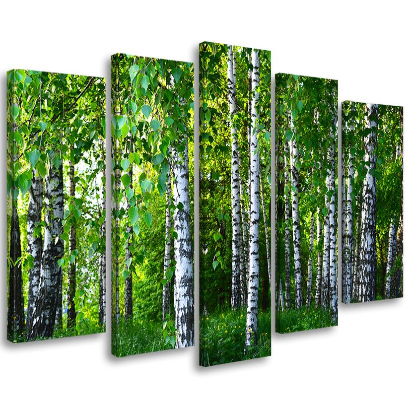 Impression sur toile en 5 parties, vert forêt de bouleaux