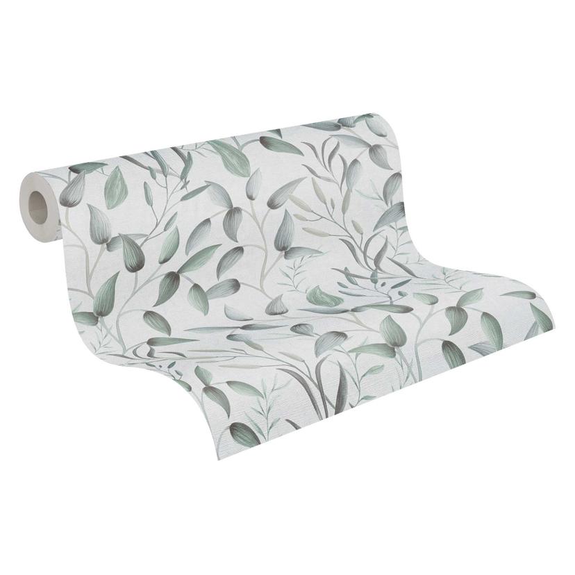 Papel pintado Floral hojas acuarela - Papel no tejido blanco gris verdoso - Papel pintado vegetal