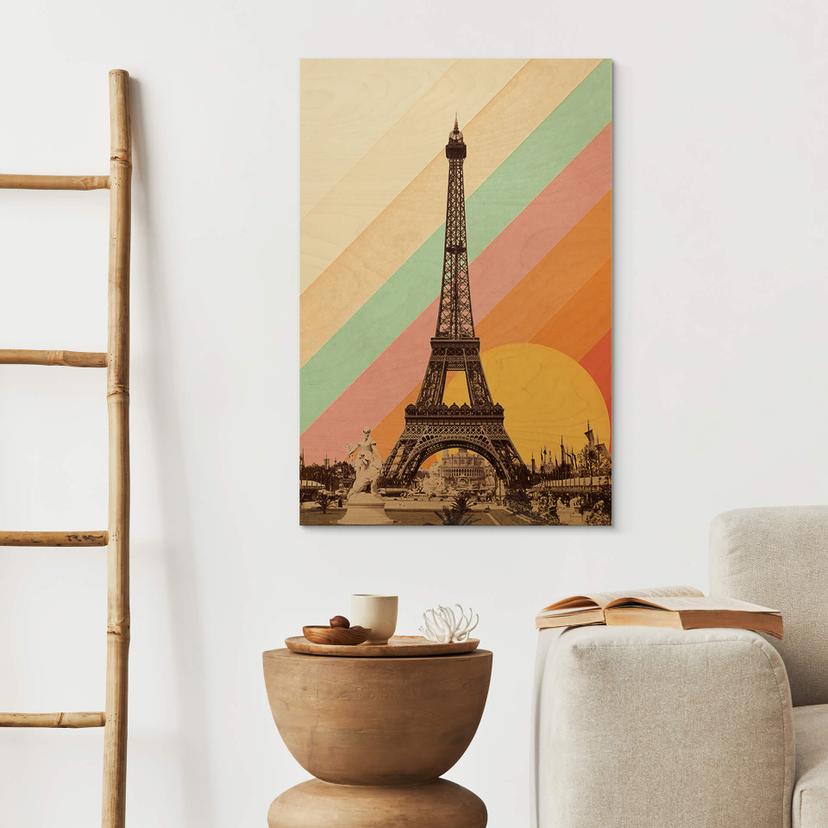 Stampa su legno Bodart - Torre Eiffel retrò con arcobaleno