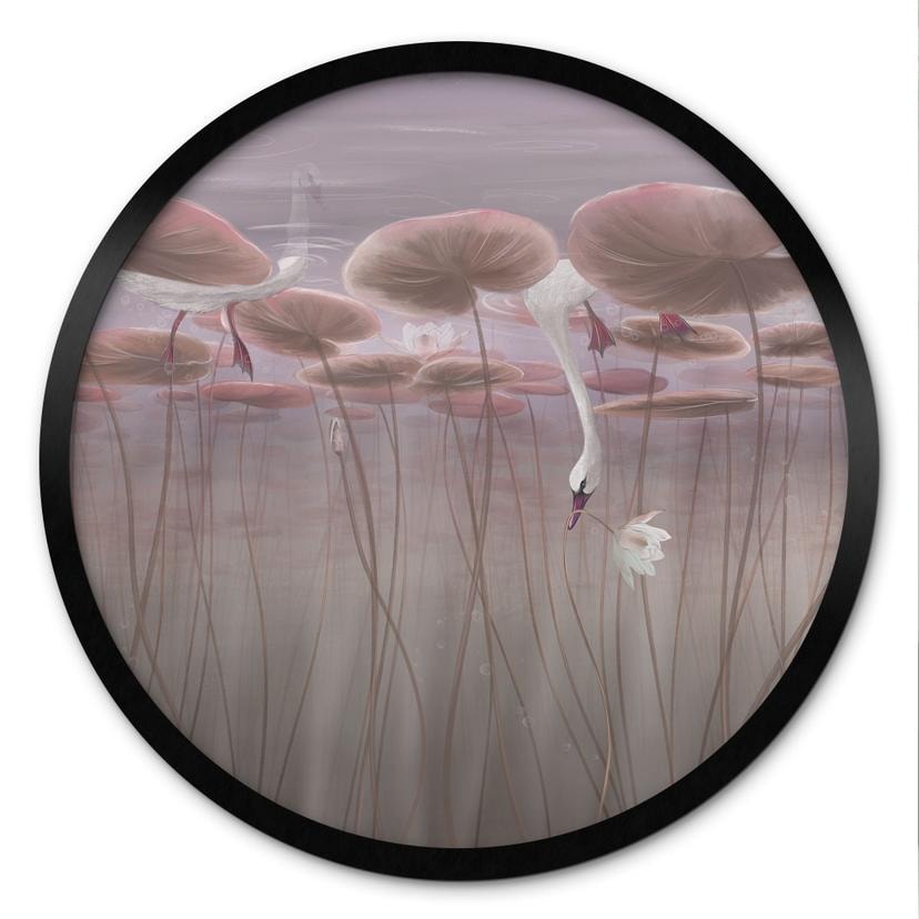 Poster lotusbloemen met zwaan in water in donkerroze - Ms Tiff - Rond