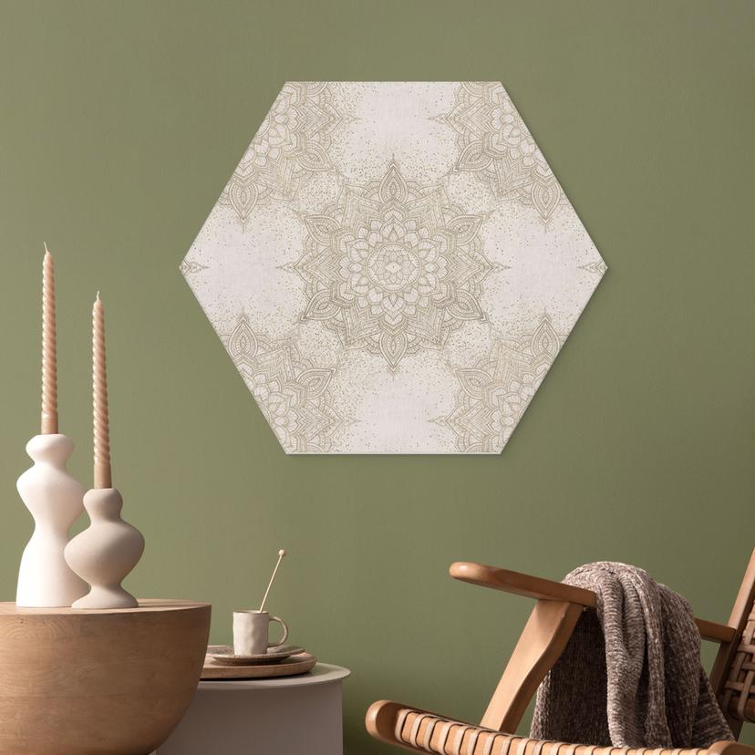 Stampe per pareti esagonali Mandala elegante in oro sabbia - Bloomery Decor - alluminio dibond