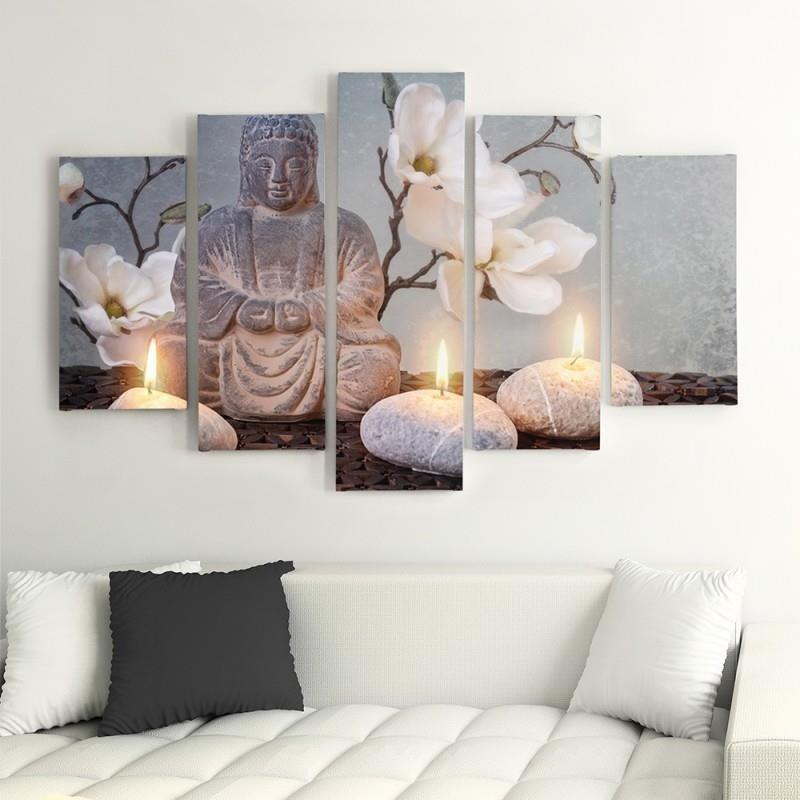 Stampa su tela 5 pezzi, Buddha Zen pietre fiori