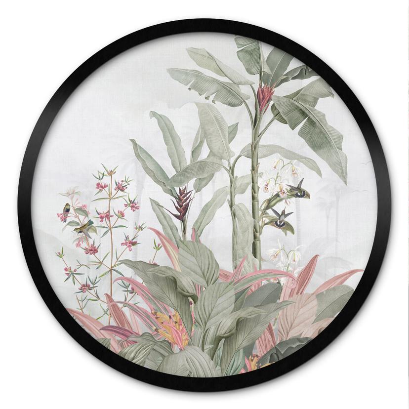 Plakat Tropical Idyll med kolibri blå - blomsterdekoration - rund