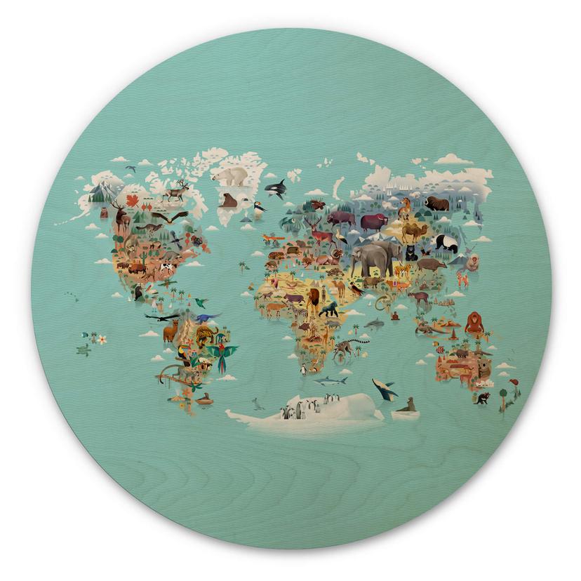 Væg cirkel træ Braun - World Map