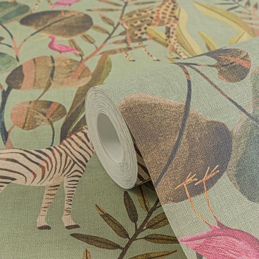 Papel pintado Safari color verde menta - Papel pintado no tejido con animales y hojas - Papel pintad
