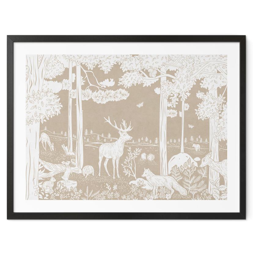 Póster Bosque otoñal con ciervos y zorros - Marrón - Kikki Belle
