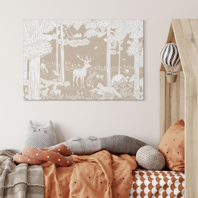 Wandbild Herbstlicher Wald mit Hirschen und Füchsen - Braun - Kikki Belle - Alu-Dibond