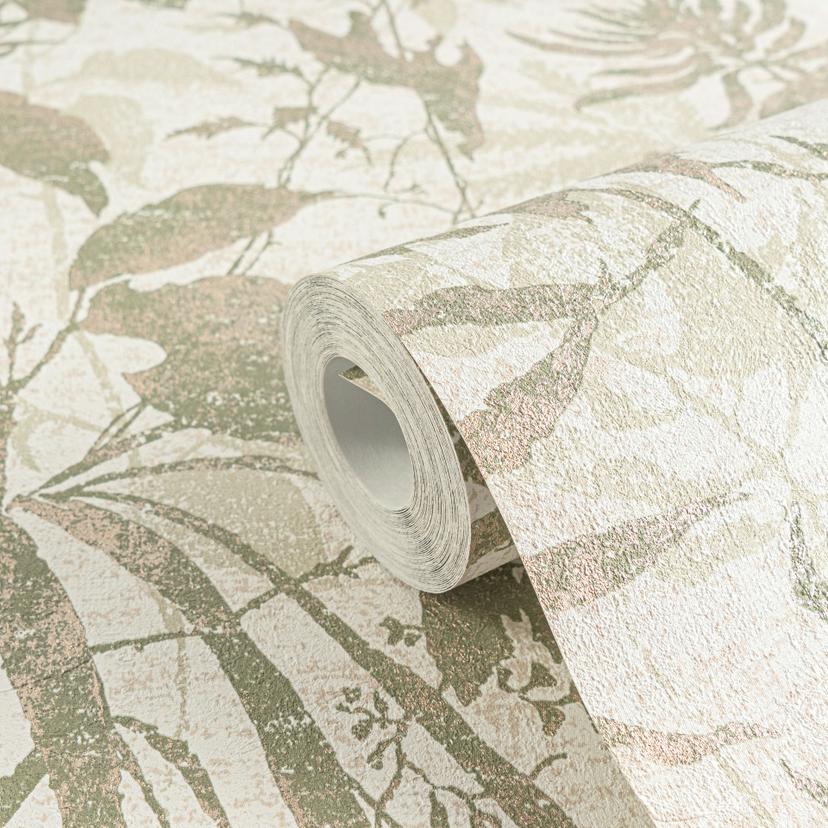 Botanisk tapet beige grön - växtbladmönster - Icke-vävd tapet