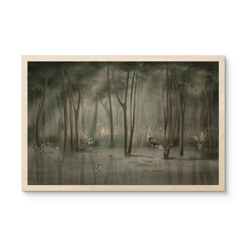 Houten Wanddecoratie wolkenbos bij een meer met reiger in het groen - Ms Tiff