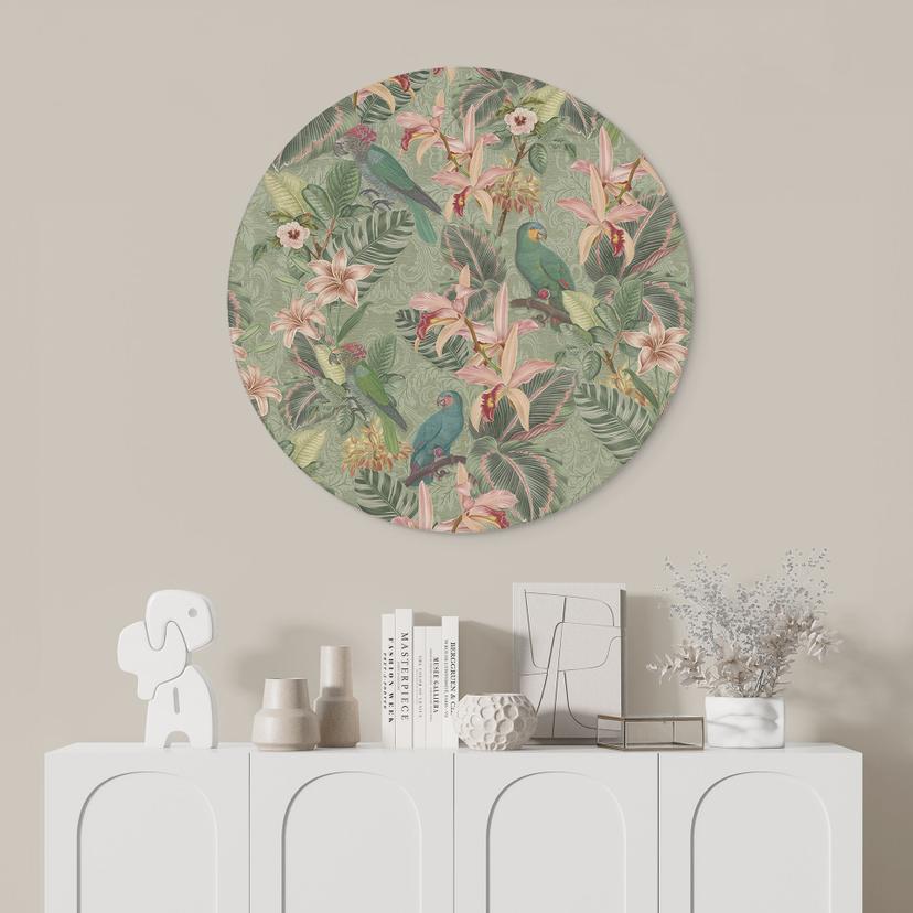 Stampe per pareti con pappagalli verdi - Decorazione floreale - Alu-Dibond rotondo