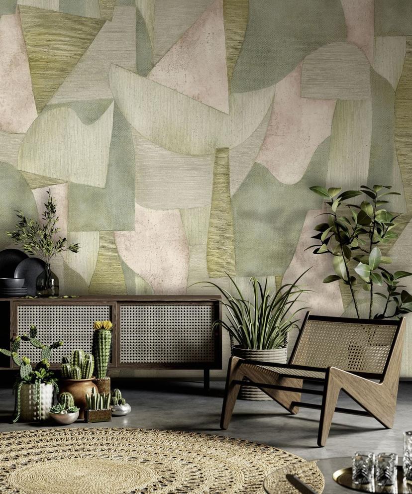 Fotomural con motivo Formas abstractas en verde salvia y beige con lino 2,7 x 4,24 m