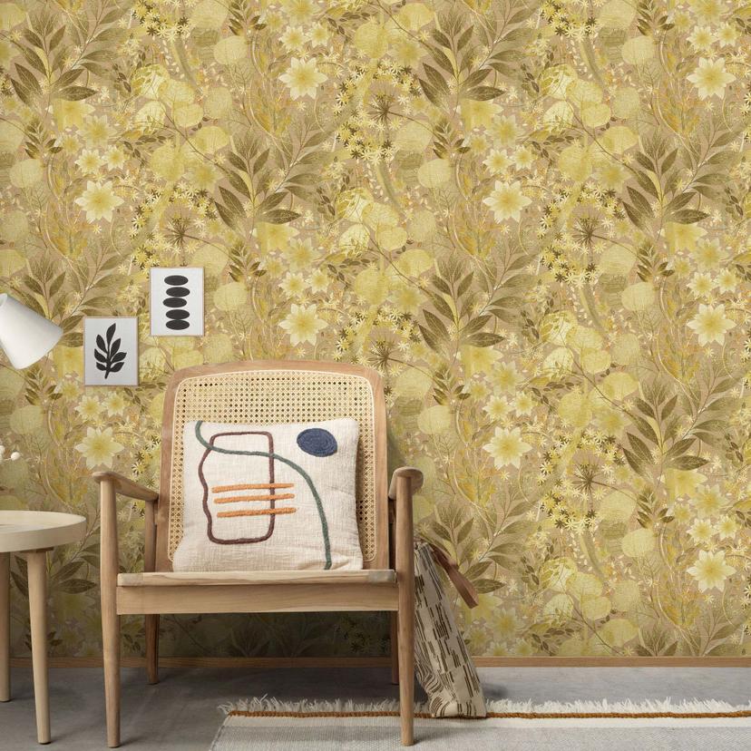 Ikke-vævet tapet, bladmotiv-tapet Secret Garden beige