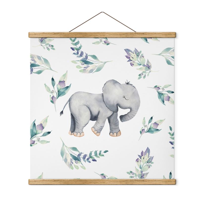 Tekstil plakat Sød babyelefant mellem boho-grene - UN Designs - Square
