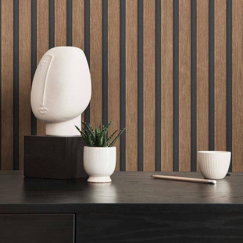 Papel pintado efecto madera marrón no tejido 3D paneles madera escandinavo moderno