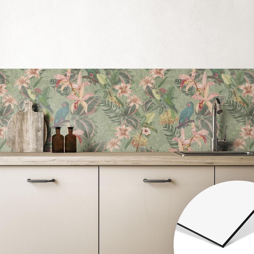 Revêtement pour cuisine jungle avec perroquets verts - Bloomery Decor