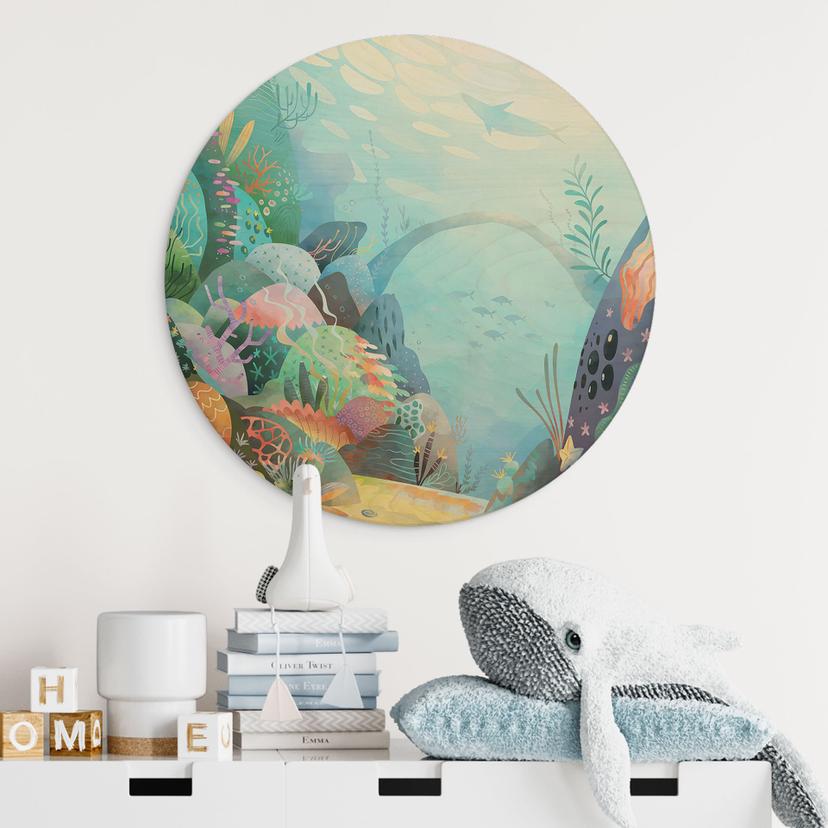 Houten Wanddecoratie koraalrif in blauwe lagune - DigitalArtsi - Rond