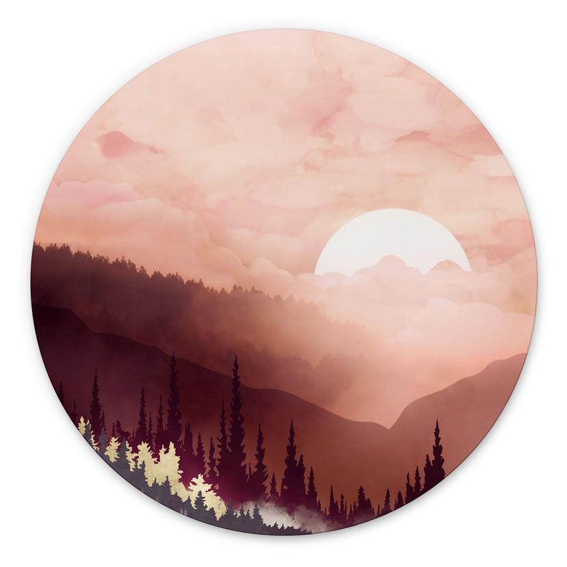 Wanddecoratie Roze Zonsondergang boven het Bos - SpaceFrog Designs - Alu-Dibond Rond