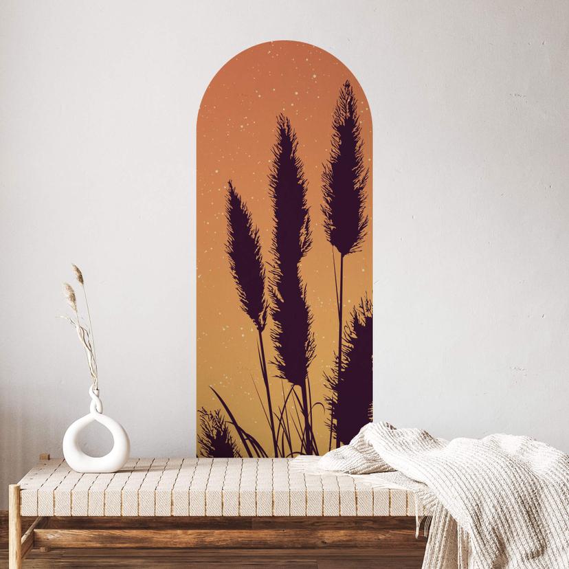 Adesivo murale Piante ad arco rotondo - Erba della pampa giallo-arancio
